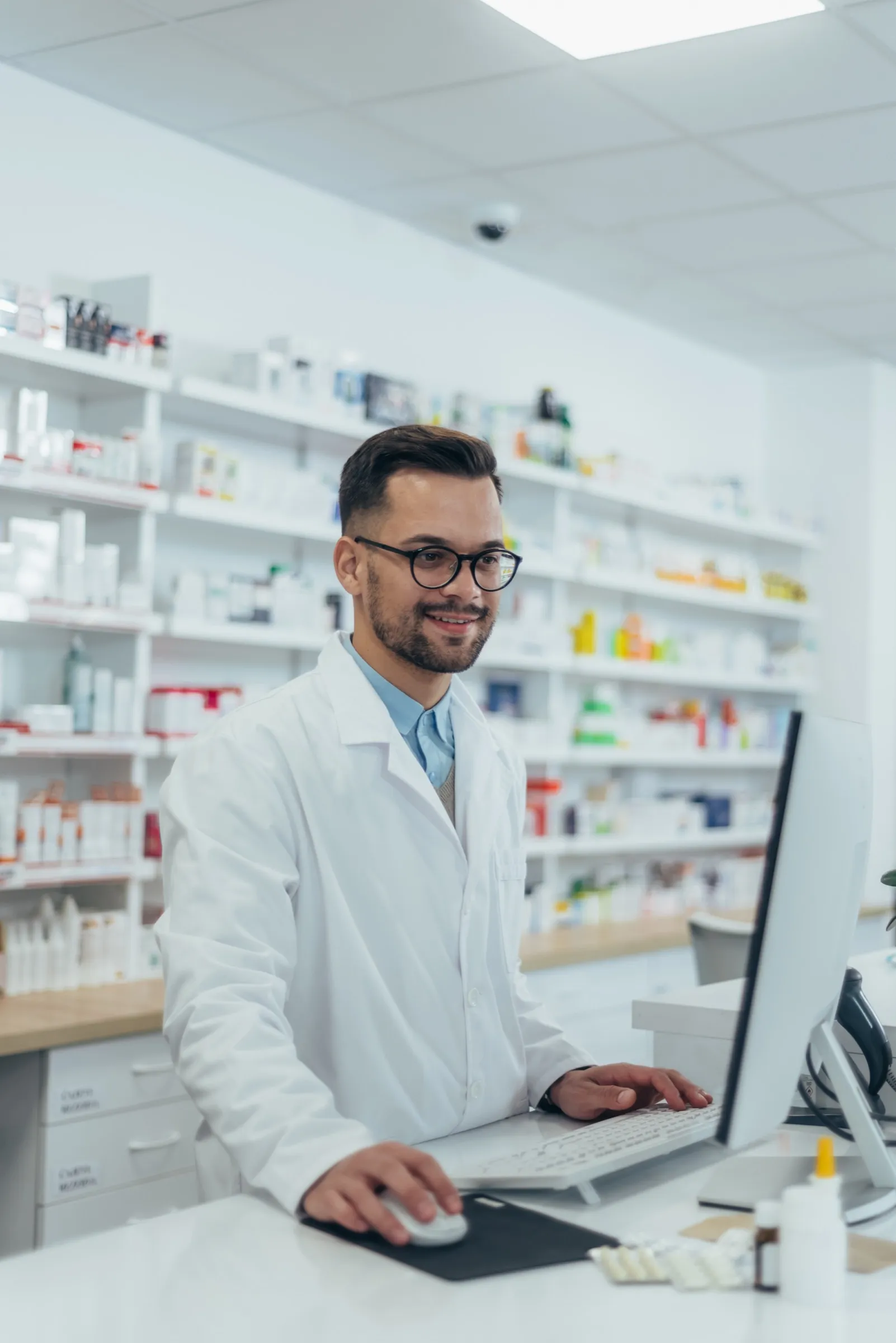 Community pharmacist working at the pharmacy counter
