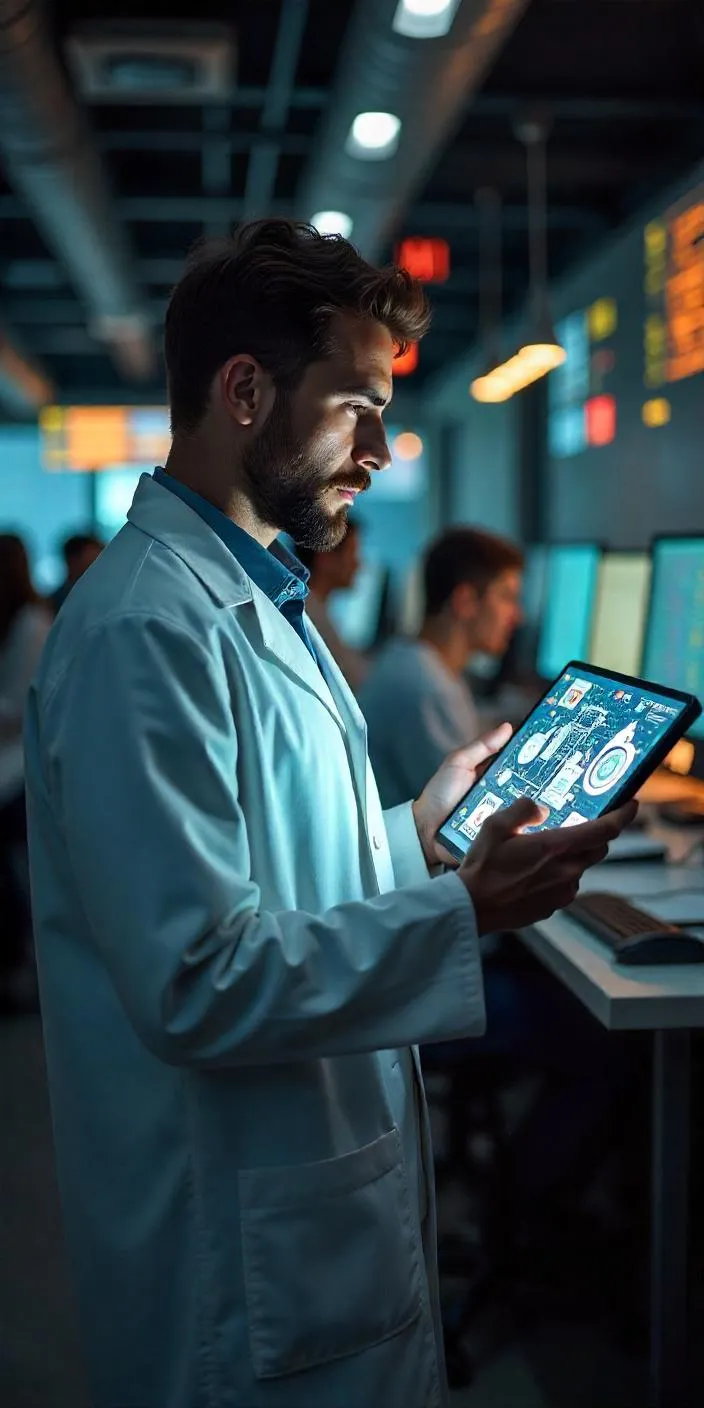 Pharmacy technician checking system status on a tablet